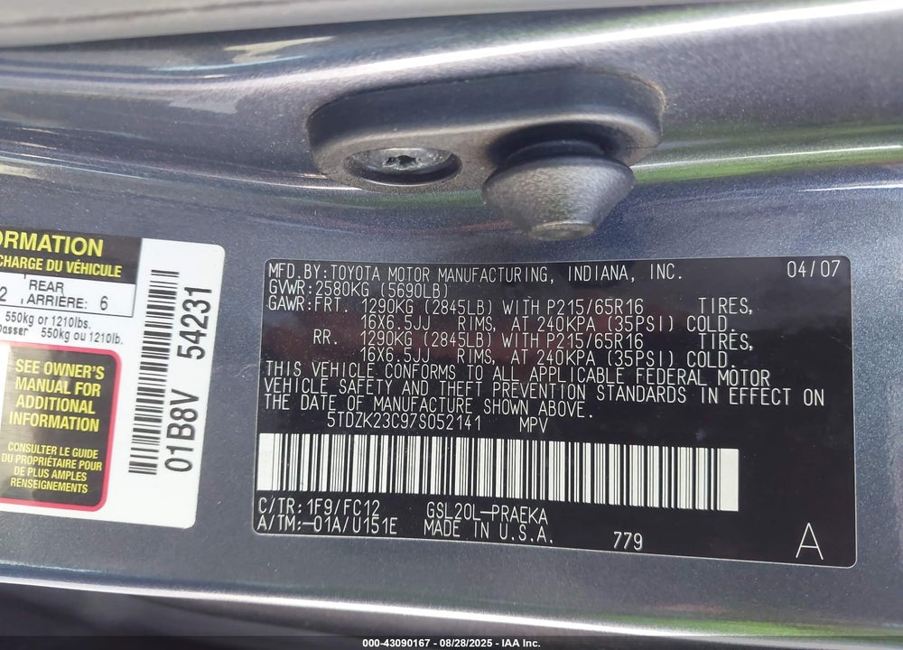 2007 TOYOTA SIENNA VIN: 5TDZK23C97S052141