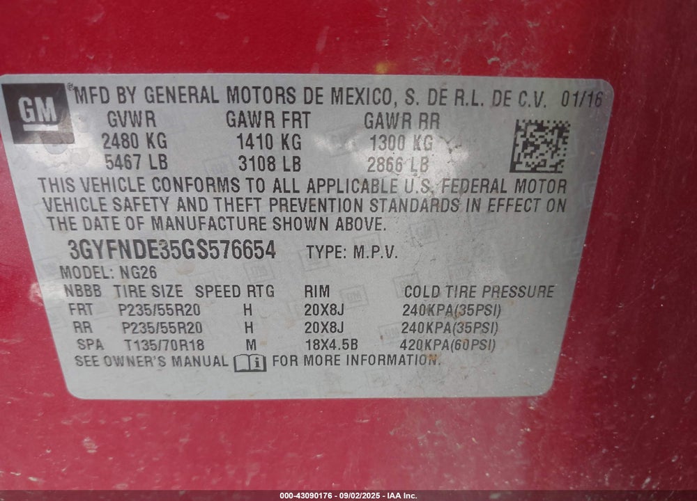 2016 CADILLAC SRX VIN: 3GYFNDE35GS576654