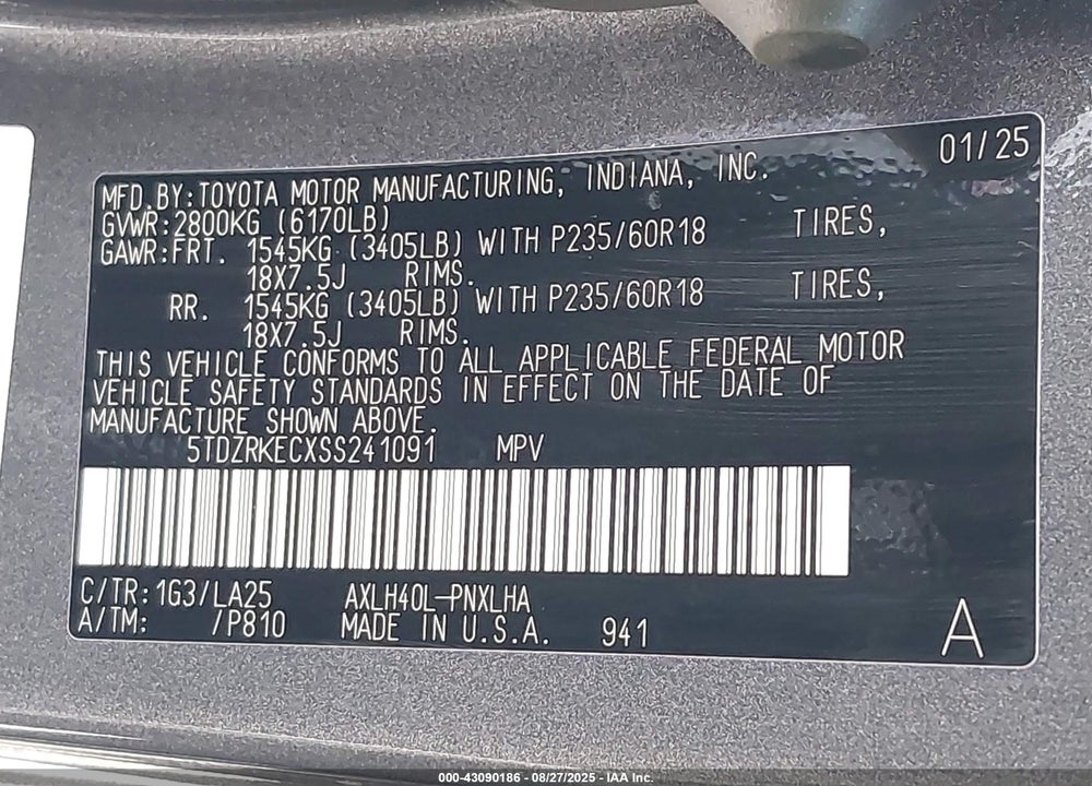 2025 TOYOTA SIENNA LIMITED VIN: 5TDZRKECXSS241091