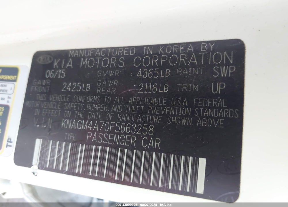 2015 KIA OPTIMA VIN: KNAGM4A70F5663258
