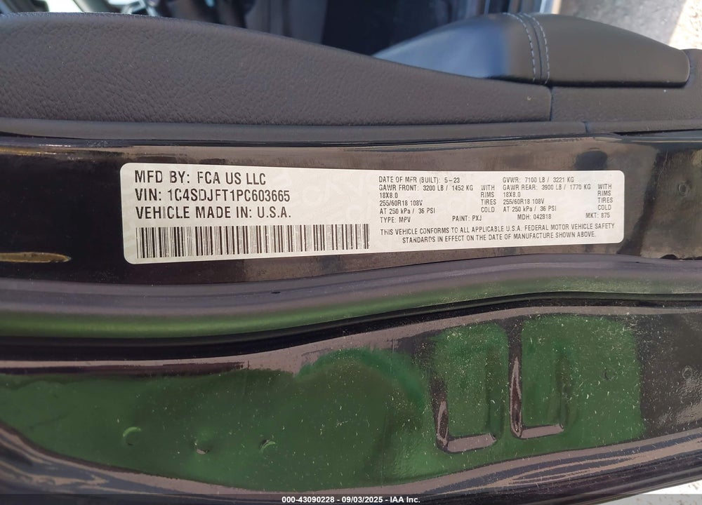 2023 DODGE DURANGO VIN: 1C4SDJFT1PC603665