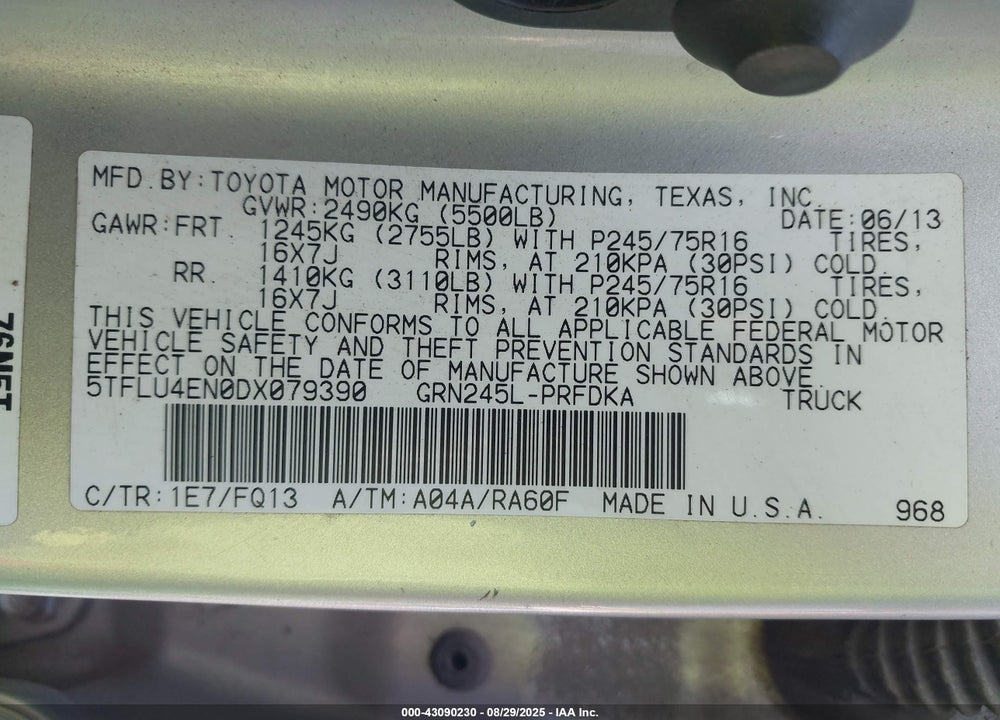 2013 TOYOTA TACOMA VIN: 5TFLU4EN0DX079390