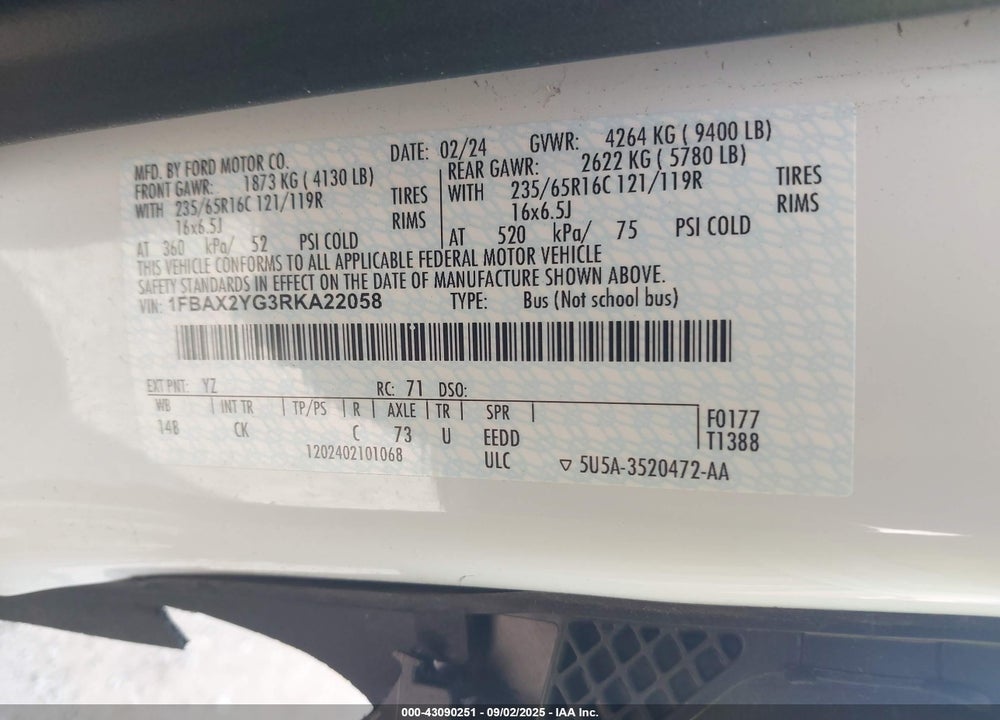 2024 FORD TRANSIT-350 PASSENGER VAN XLT VIN: 1FBAX2YG3RKA22058