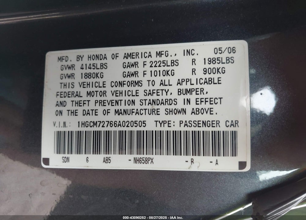 2006 HONDA ACCORD 2.4 EX VIN: 1HGCM72766A020505