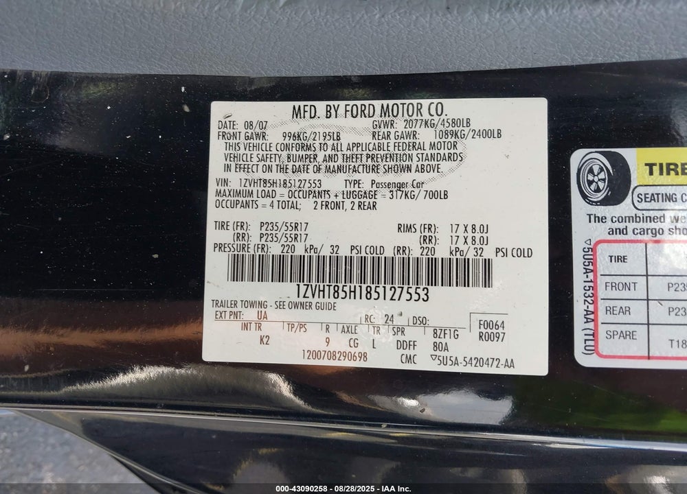 2008 FORD MUSTANG GT DELUXE/GT PREMIUM VIN: 1ZVHT85H185127553