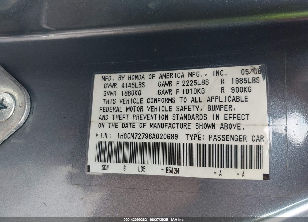 2006 HONDA ACCORD VIN: 1HGCM72796A020689