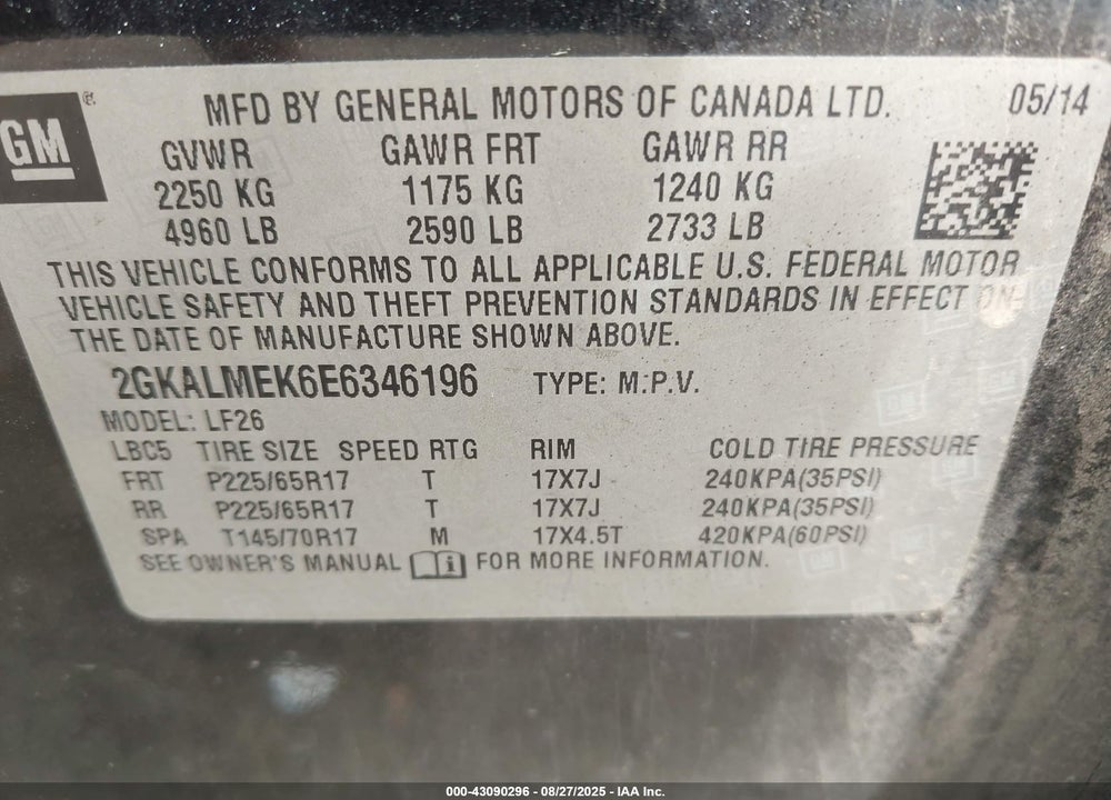 2014 GMC TERRAIN SLE-1 VIN: 2GKALMEK6E6346196