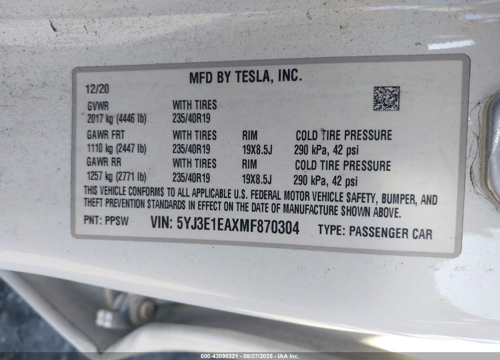 2021 TESLA MODEL 3 VIN: 5YJ3E1EAXMF870304
