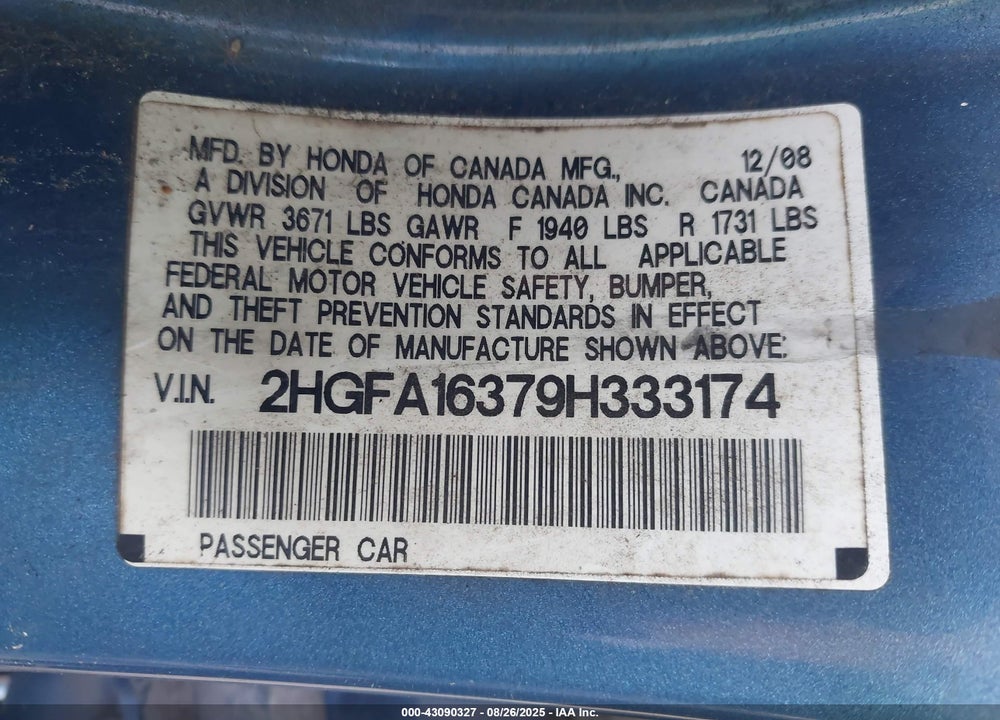 2009 HONDA CIVIC VIN: 2HGFA16379H333174