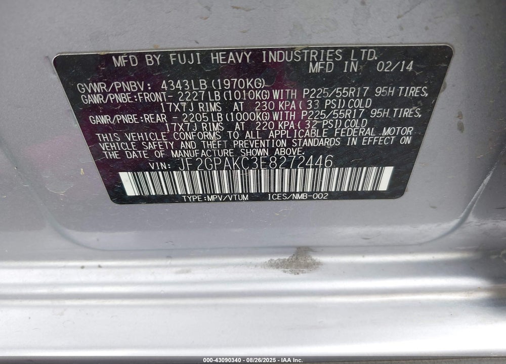 2014 SUBARU XV CROSSTREK VIN: JF2GPAKC3E8272446