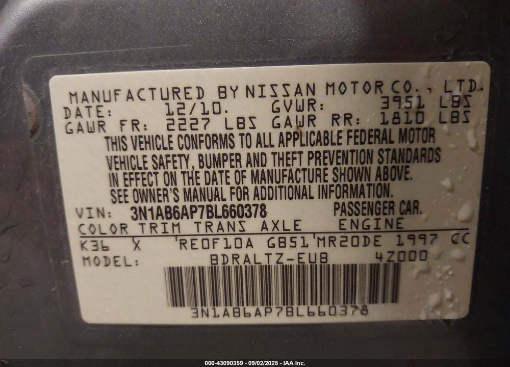 2011 NISSAN SENTRA VIN: 3N1AB6AP7BL660378