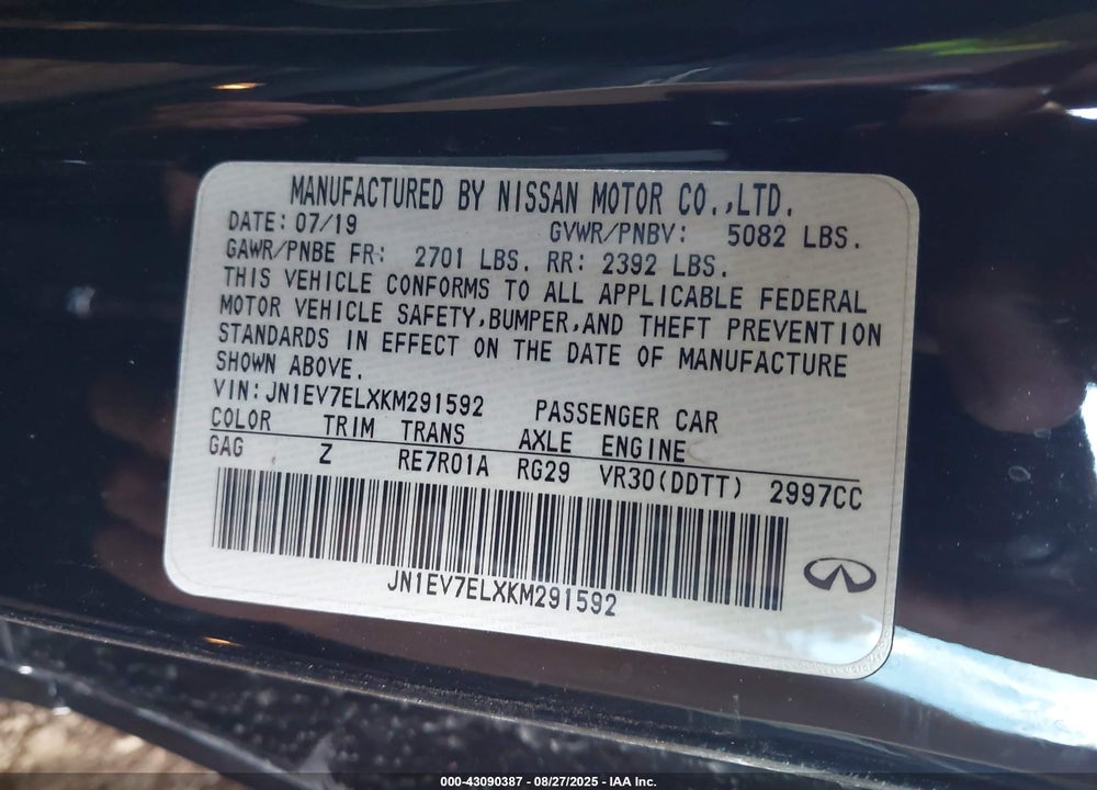 2019 INFINITI Q60 VIN: JN1EV7ELXKM291592