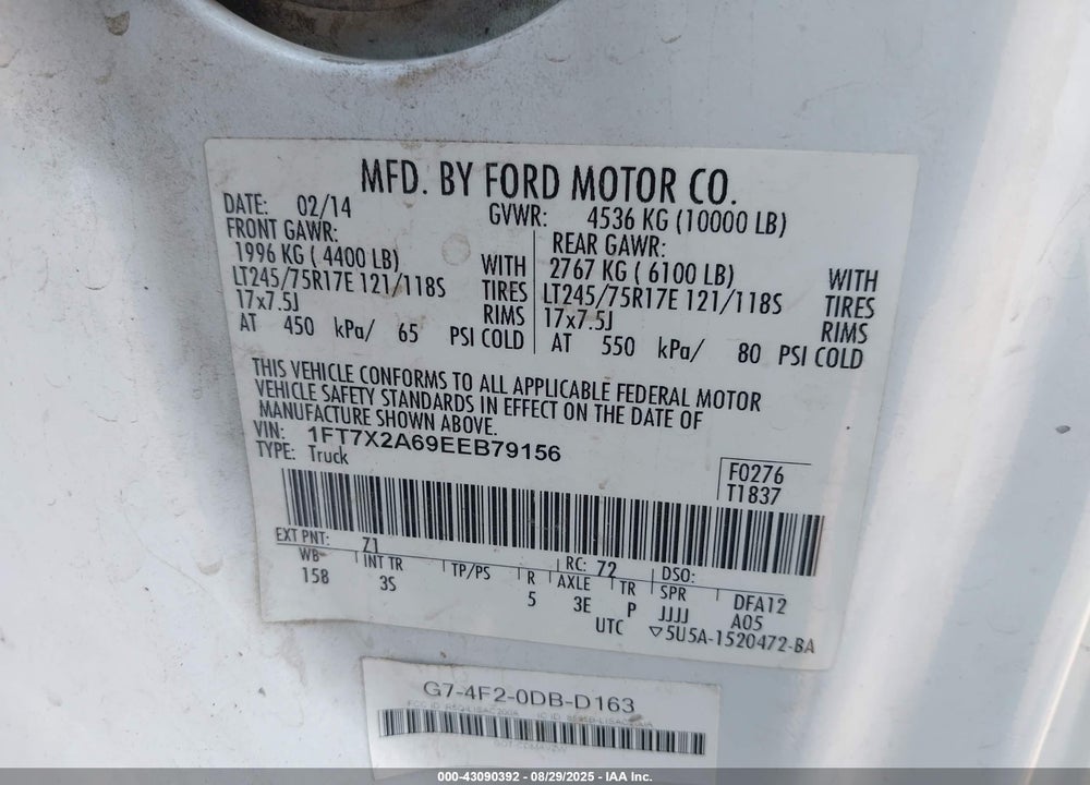 2014 FORD F-250 VIN: 1FT7X2A69EEB79156