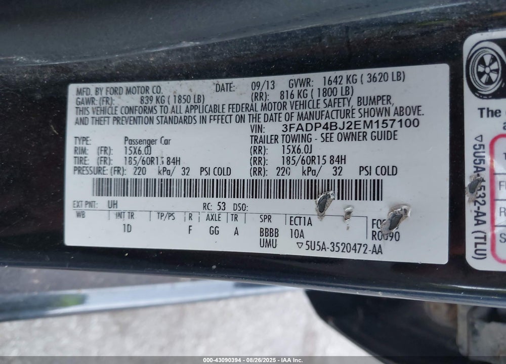 2014 FORD FIESTA VIN: 3FADP4BJ2EM157100
