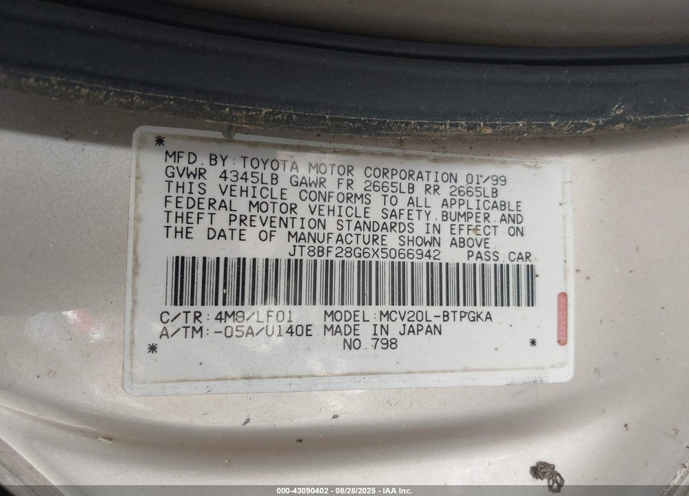 1999 LEXUS ES 300 VIN: JT8BF28G6X5066942