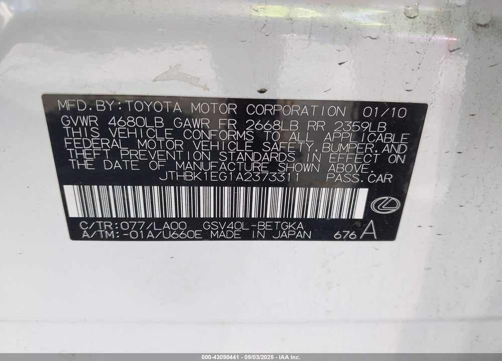 2010 LEXUS ES 350 VIN: JTHBK1EG1A2373311