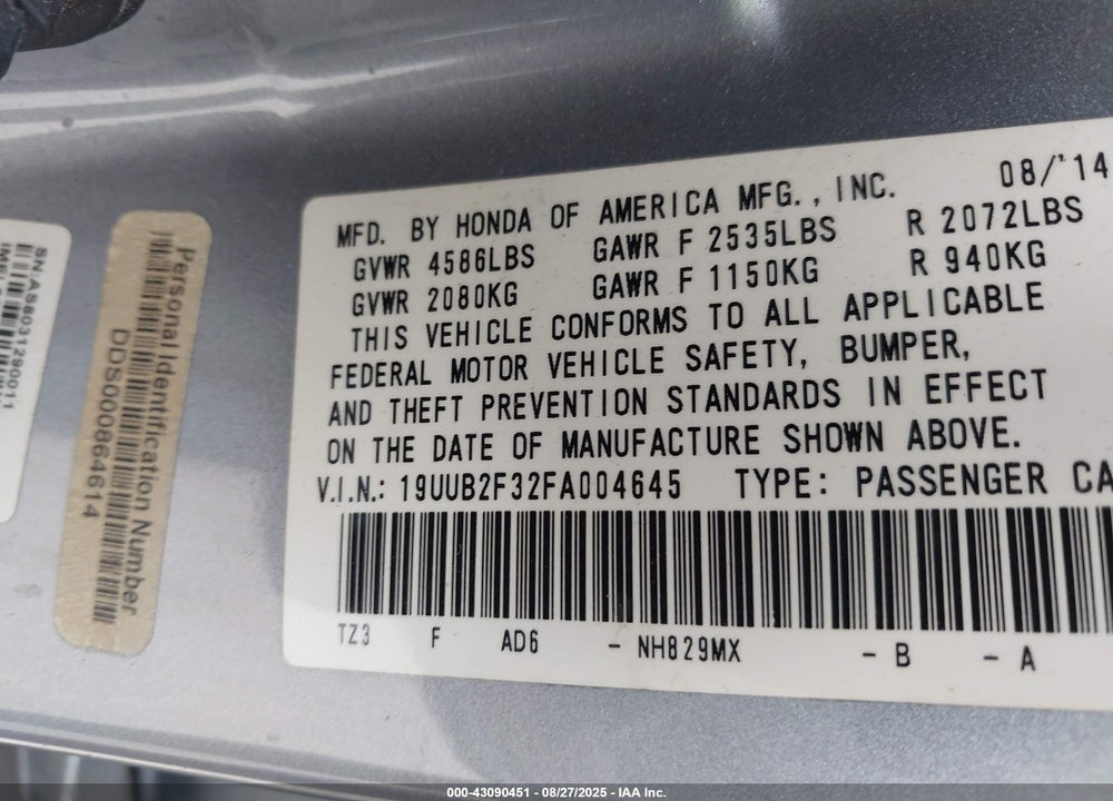 2015 ACURA TLX VIN: 19UUB2F32FA004645