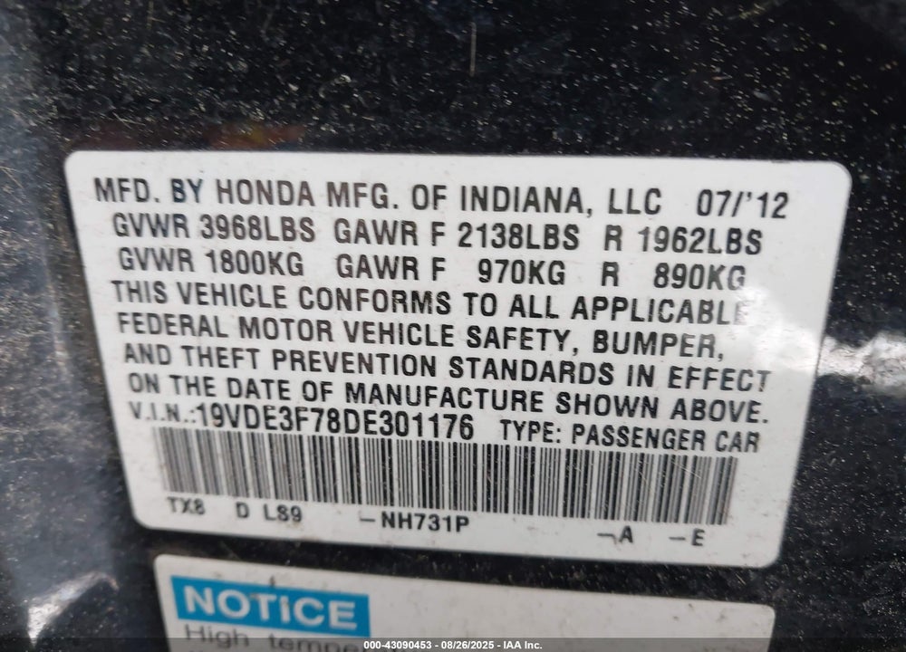 2013 ACURA ILX HYBRID 1.5L VIN: 19VDE3F78DE301176