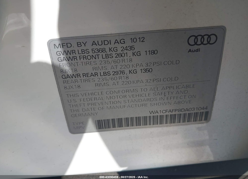 2013 AUDI Q5 2.0T PREMIUM VIN: WA1CFAFP8DA031044