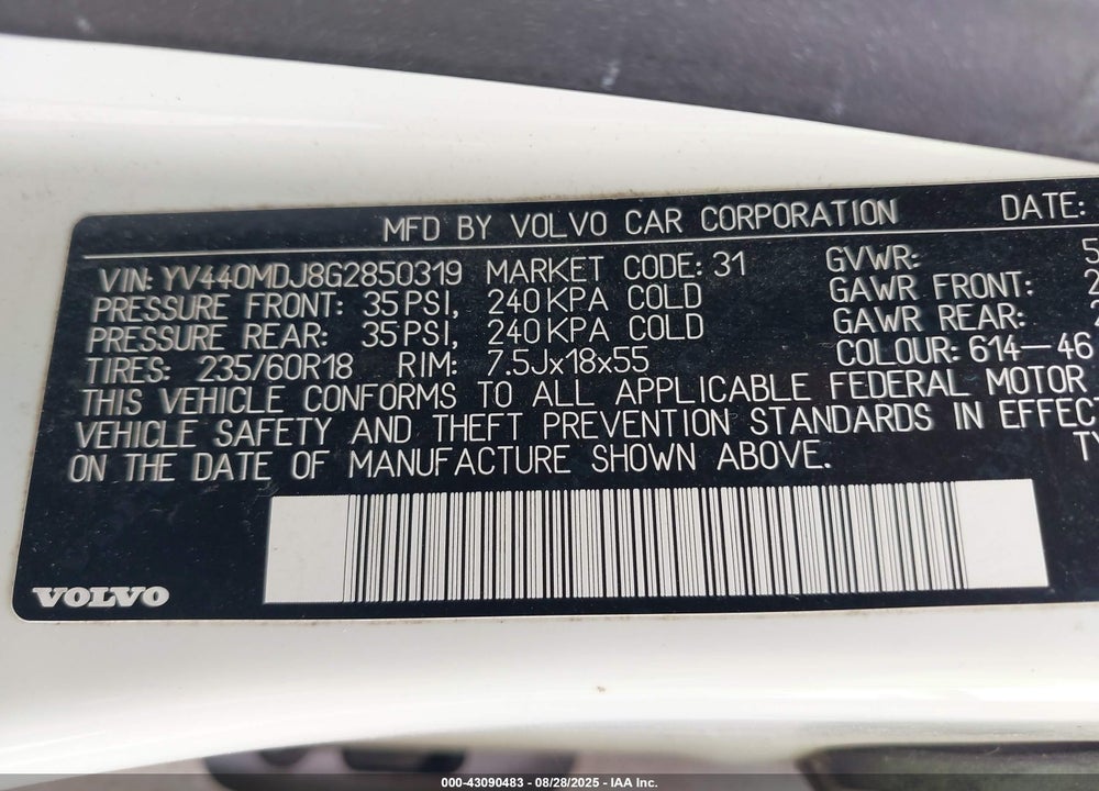 2016 VOLVO XC60 VIN: YV440MDJ8G2850319