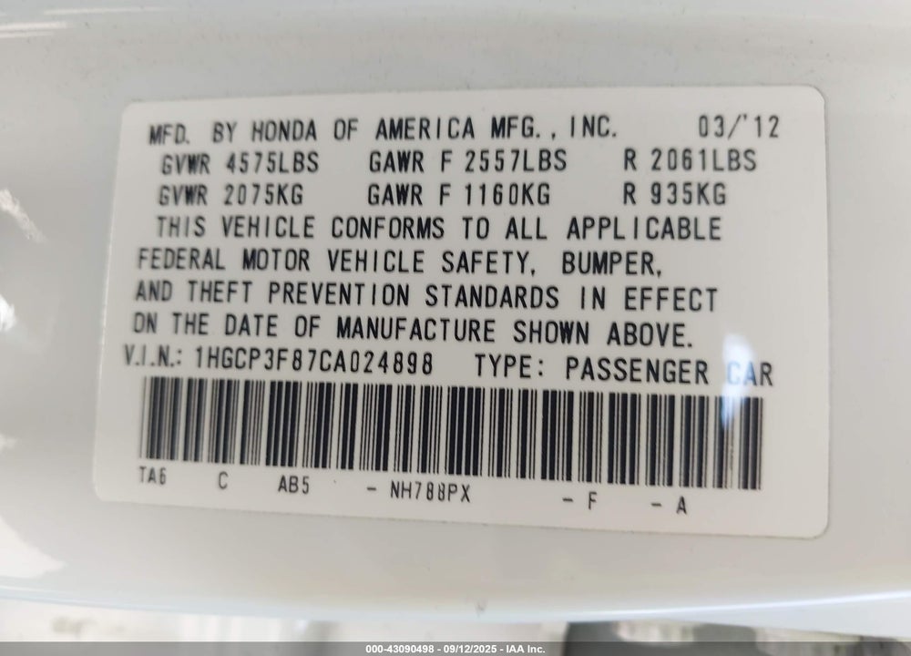 2012 HONDA ACCORD VIN: 1HGCP3F87CA024898