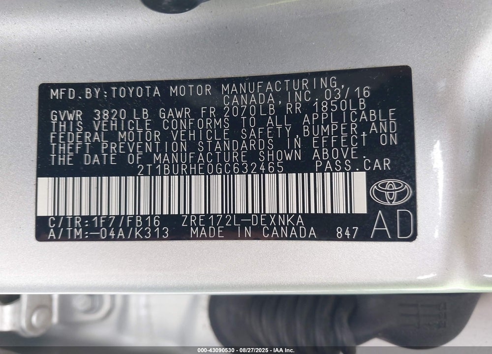 2016 TOYOTA COROLLA VIN: 2T1BURHE0GC632465