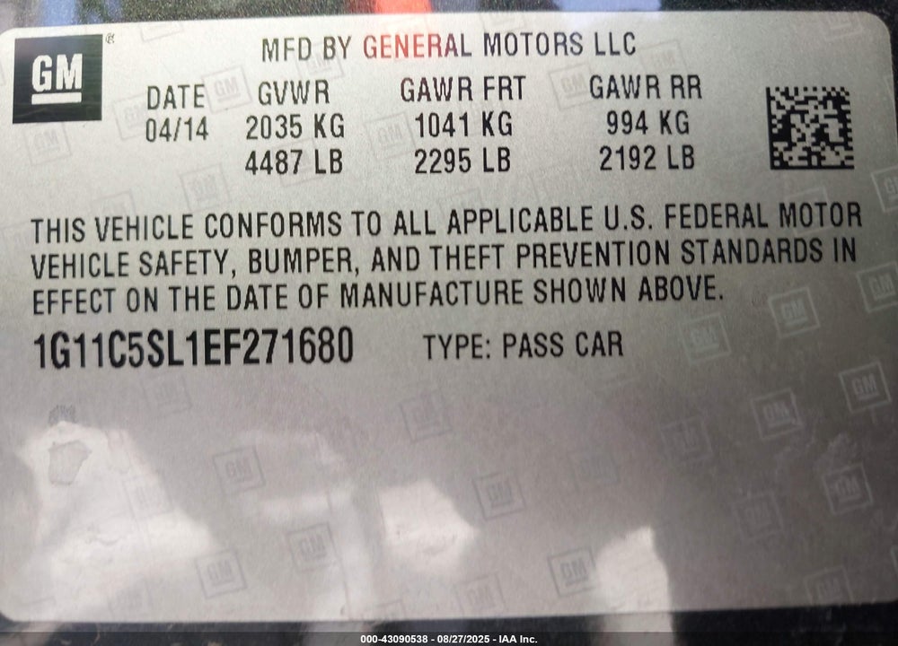 2014 CHEVROLET MALIBU VIN: 1G11C5SL1EF271680