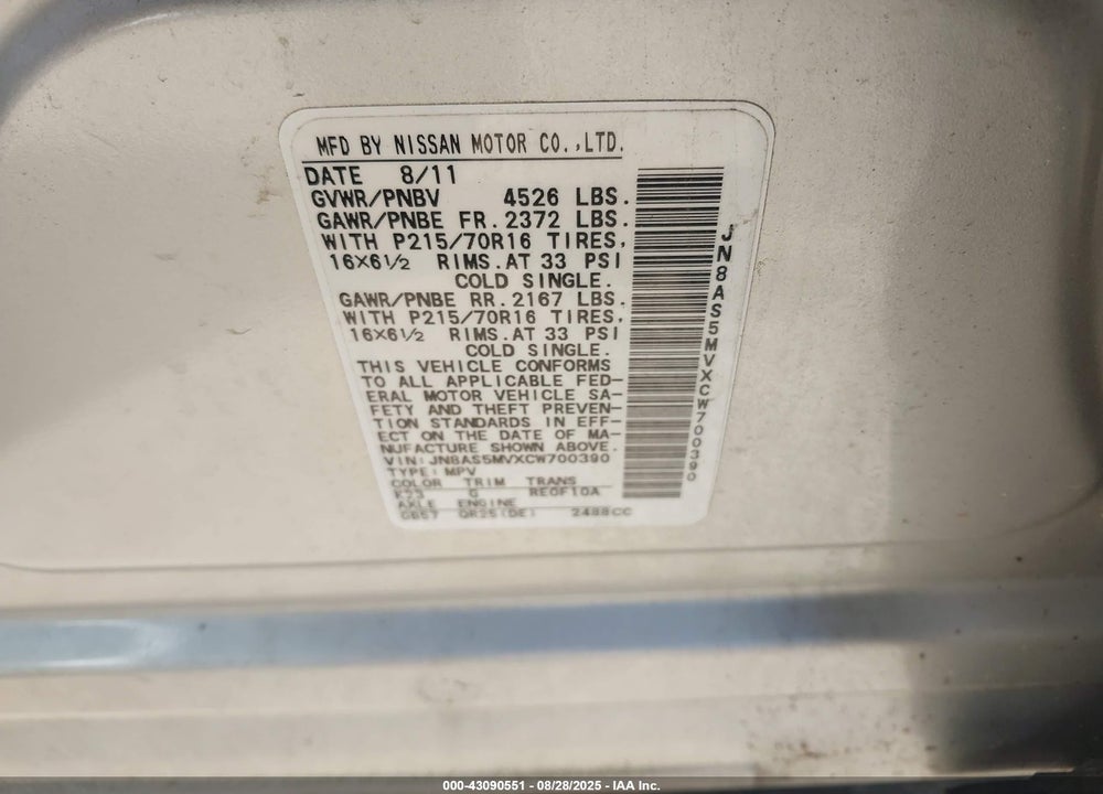 2012 NISSAN ROGUE VIN: JN8AS5MVXCW700390