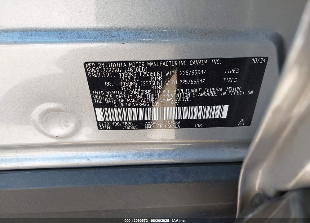 2024 TOYOTA RAV4 VIN: 2T3K1RFV9RW361085