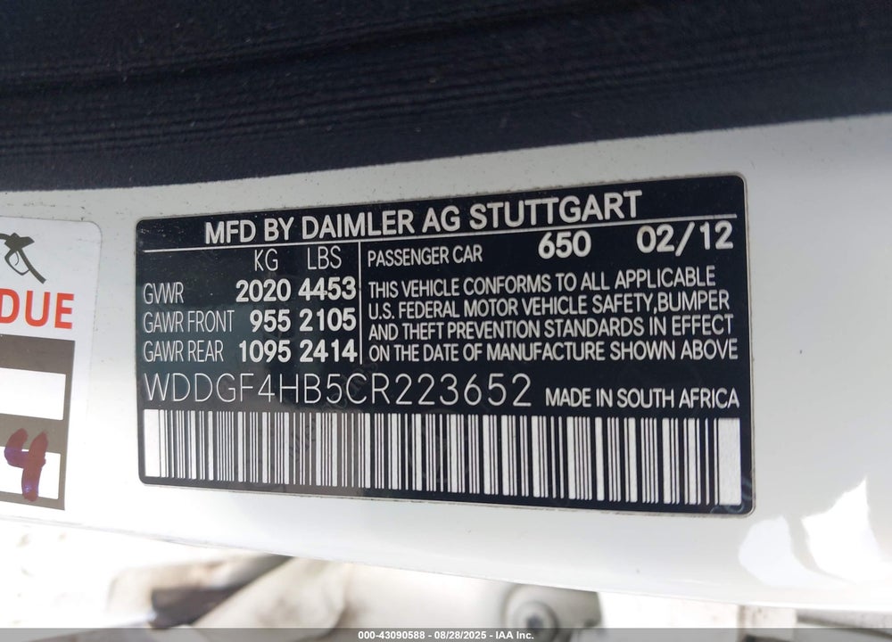 2012 MERCEDES-BENZ C CLASS VIN: WDDGF4HB5CR223652
