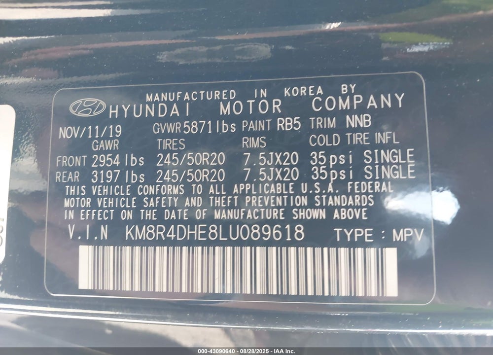 2020 HYUNDAI PALISADE SEL VIN: KM8R4DHE8LU089618