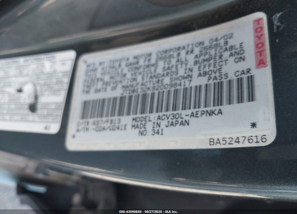 2002 TOYOTA CAMRY LE VIN: JTDBE32K820098417