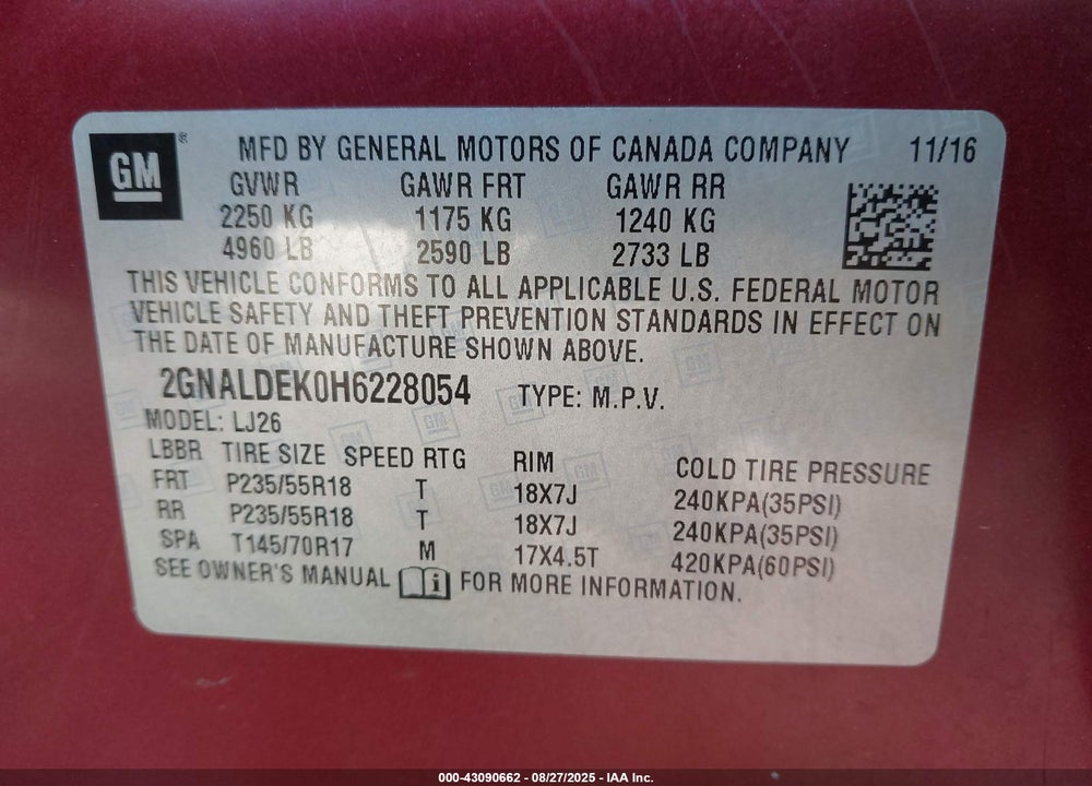 2017 CHEVROLET EQUINOX VIN: 2GNALDEK0H6228054