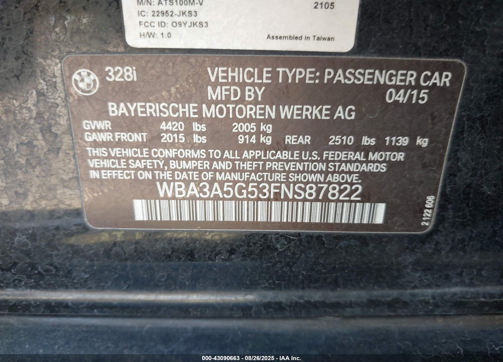 2015 BMW 328I VIN: WBA3A5G53FNS87822