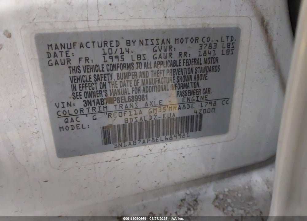 2014 NISSAN SENTRA VIN: 3N1AB7AP8EL689981