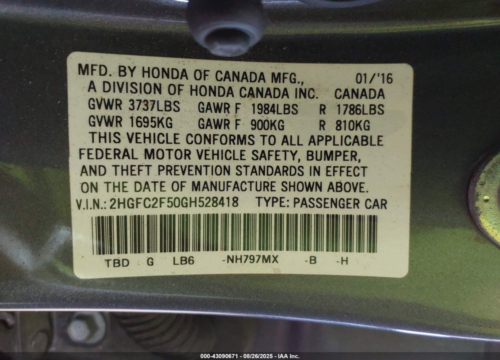 2016 HONDA CIVIC VIN: 2HGFC2F50GH528418