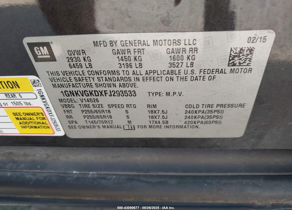 2015 CHEVROLET TRAVERSE 1LT VIN: 1GNKVGKDXFJ293533