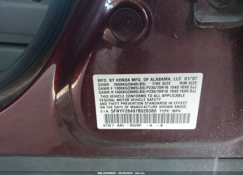 2007 HONDA PILOT VIN: 5FNYF28497B028380
