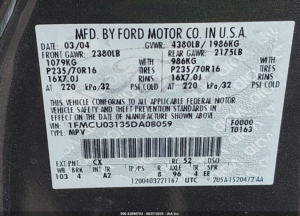 2005 FORD ESCAPE XLT VIN: 1FMCU03135DA08059