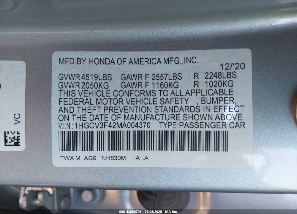 2021 HONDA ACCORD VIN: 1HGCV3F42MA004370