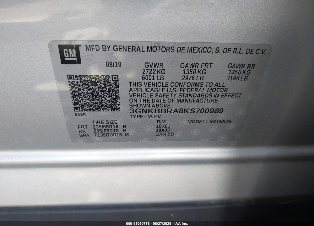 2019 CHEVROLET BLAZER VIN: 3GNKBBRA8KS700989