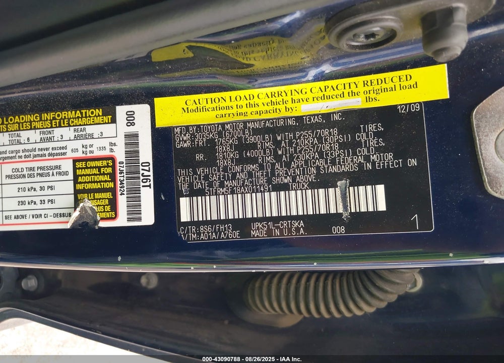 2010 TOYOTA TUNDRA GRADE 4.6L V8 VIN: 5TFRM5F18AX011491