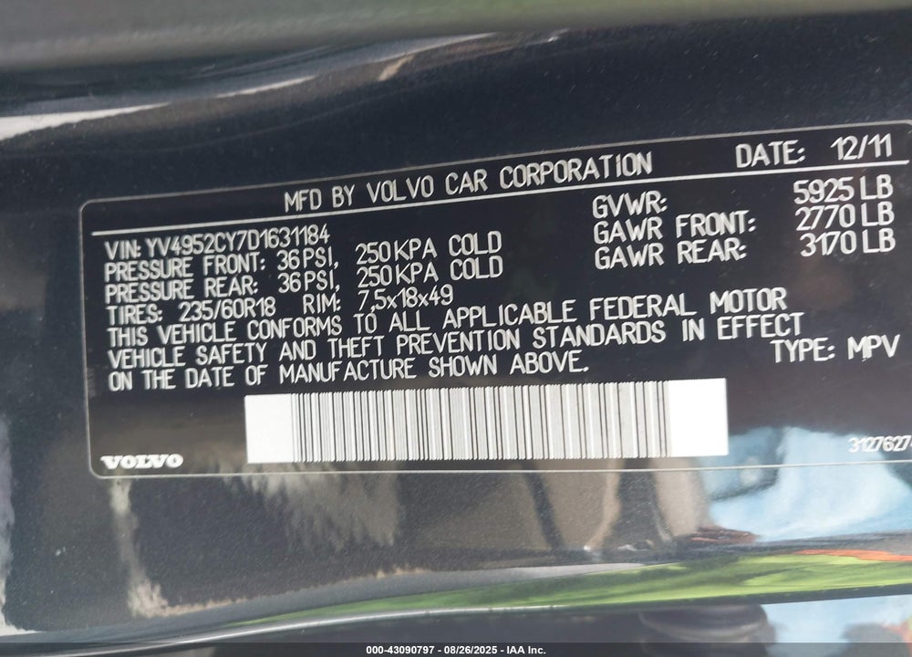 2013 VOLVO XC90 VIN: YV4952CY7D1631184