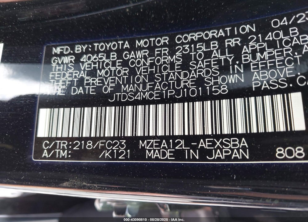 2023 TOYOTA COROLLA VIN: JTDS4MCE1PJ101158