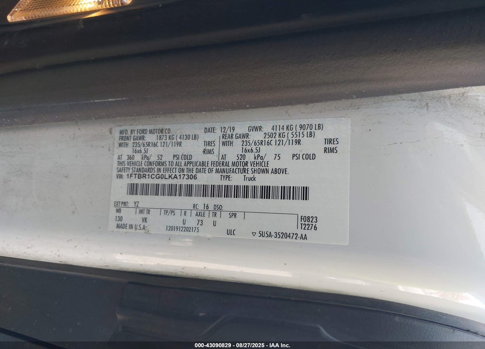 2020 FORD TRANSIT-250 VIN: 1FTBR1CG0LKA17306