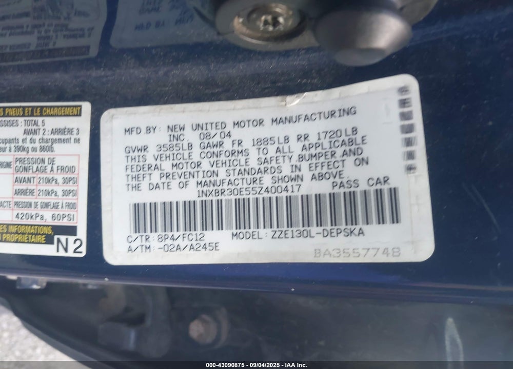 2005 TOYOTA COROLLA S VIN: 1NXBR30E55Z400417
