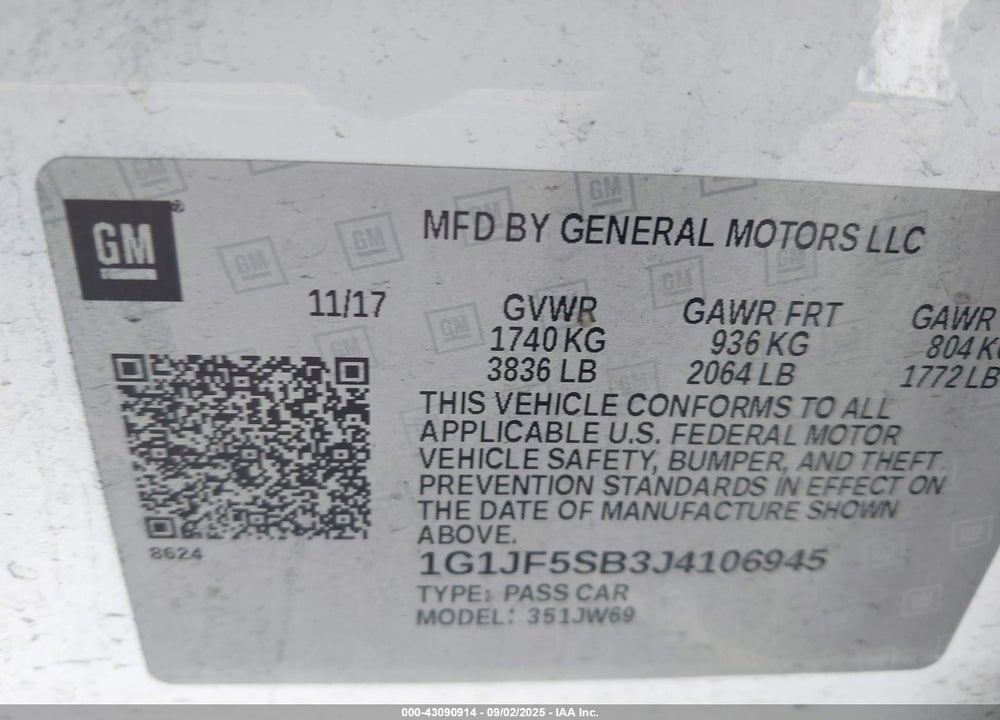 2018 CHEVROLET SONIC VIN: 1G1JF5SB3J4106945