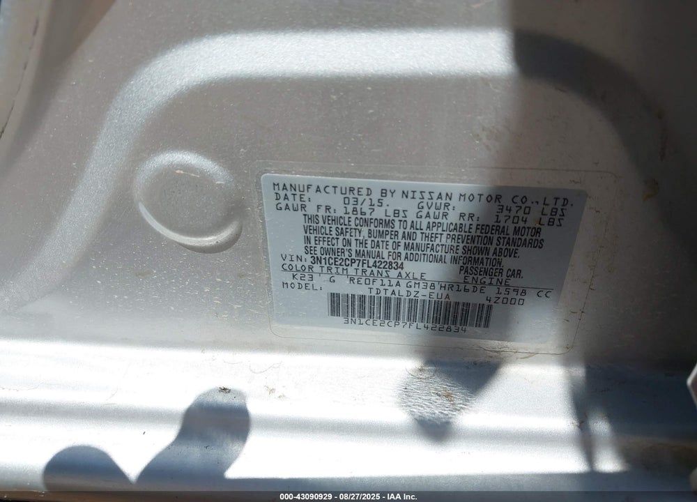 2015 NISSAN VERSA NOTE VIN: 3N1CE2CP7FL422834