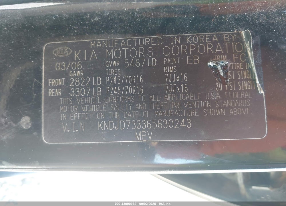 2006 KIA SORENTO EX/LX VIN: KNDJD733365630243