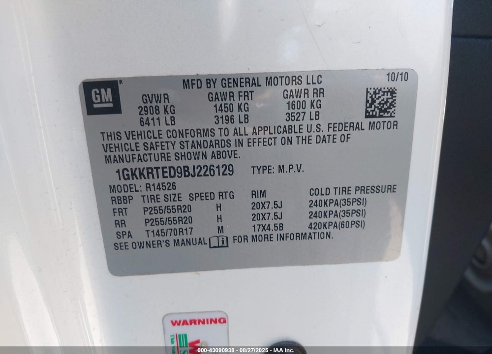 2011 GMC ACADIA VIN: 1GKKRTED9BJ226129